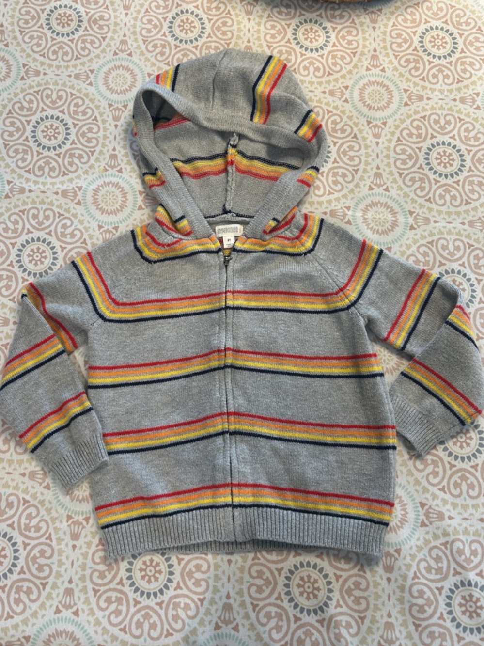 Toddler Gymboree Knit Gray Hooded Zip Sweater with Red, Yellow and Blue Stripes